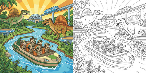  children visiting dinosaur world theme park cartoon clipart and lineart print vector illustration for color coloring book © Avijit