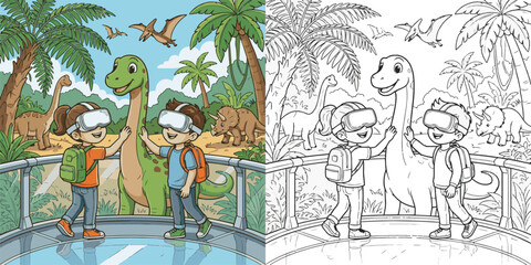  children visiting dinosaur world theme park cartoon clipart and lineart print vector illustration for color coloring book © Avijit