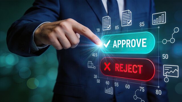 Finger pressing glowing approve button on holographic display with data charts and graphs, business analytics dashboard showing reject option for financial or statistical analysis