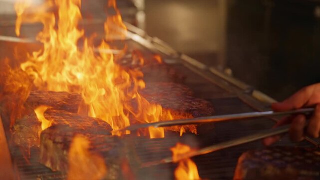 Chef expertly grills premium steaks over intense open flames in a professional restaurant kitchen, using metal tongs to flip and position sizzling meat as bright orange fire engulfs the grill grates.