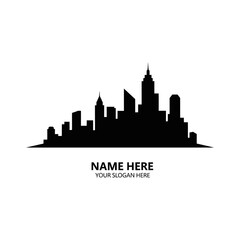 Obraz premium A cityscape silhouette graphic illustration depicts a nighttime skyline with skyscrapers and buildings.