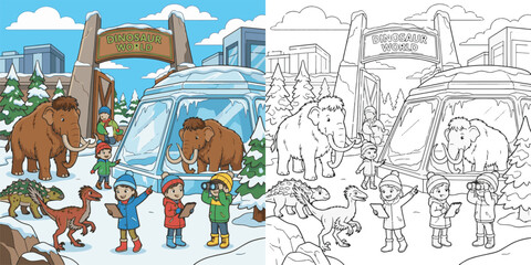  children visiting dinosaur world theme park cartoon clipart and lineart print vector illustration for color coloring book © Avijit