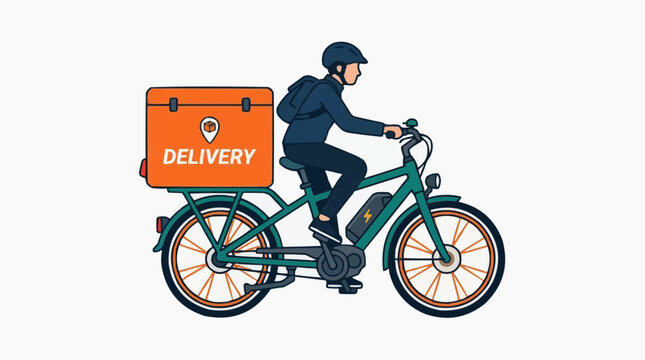 Delivery by Electric Bike: A courier on an electric bicycle with a large delivery box on the back navigates a path, symbolizing fast and efficient service.