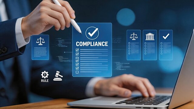 Business professional checking compliance checklist on digital interface with legal icons and rule symbols, regulatory adherence concept for corporate governance and law.