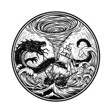 Dragon creature in a stormy sea.