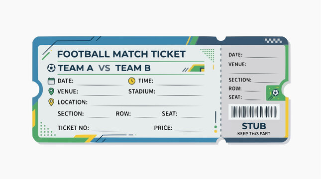 Soccer Match Ticket Illustration: A stylized illustration of a soccer match ticket, complete with team names, date, venue, and seat information, featuring a detachable stub.
