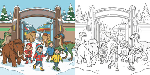  children visiting dinosaur world theme park cartoon clipart and lineart print vector illustration for color coloring book © Avijit