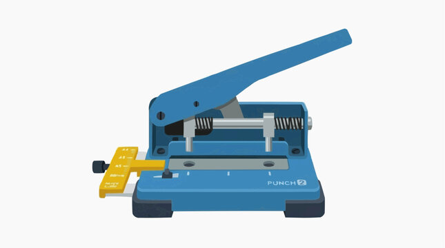 Blue Punch Hole Machine: A blue office tool, a punch hole machine, with a yellow paper guide and silver metal components, isolated on a clean background, ready for desk work.