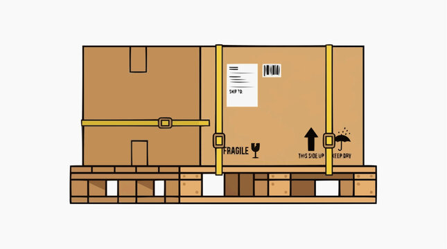 Secure Delivery: A sturdy cardboard box is securely strapped to a wooden pallet, ready for shipping and handling with care.