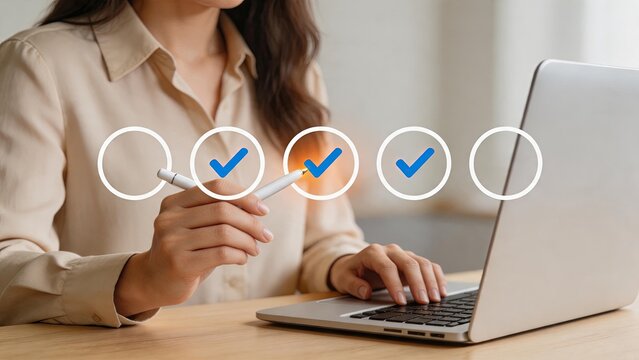 Woman completing checklist tasks on laptop with pen, project management progress tracking and goal achievement visualization for productivity enhancement and efficient daily