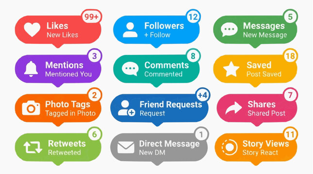 Social Media Interaction Dashboard: A colorful and modern graphic interface showcasing various social media metrics and notifications, such as likes, followers, messages, comments, and shares.