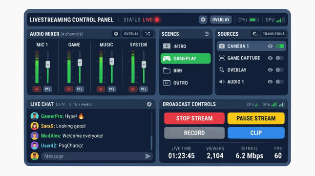Livestreaming Control Panel Interface: A digital interface displaying a comprehensive livestreaming control panel with audio mixer, scene selection, source management, live chat.