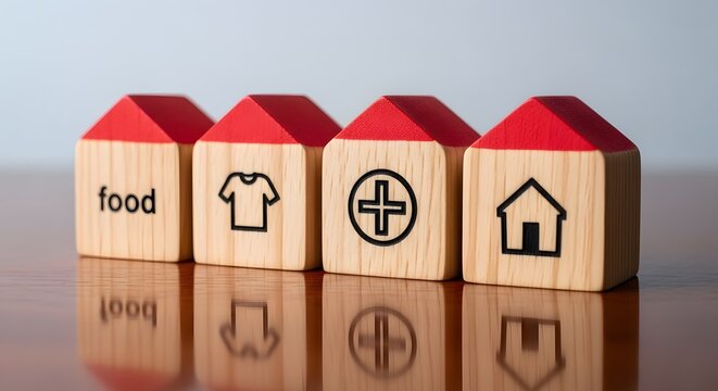 Wooden house blocks with icons for food clothing health and shelter