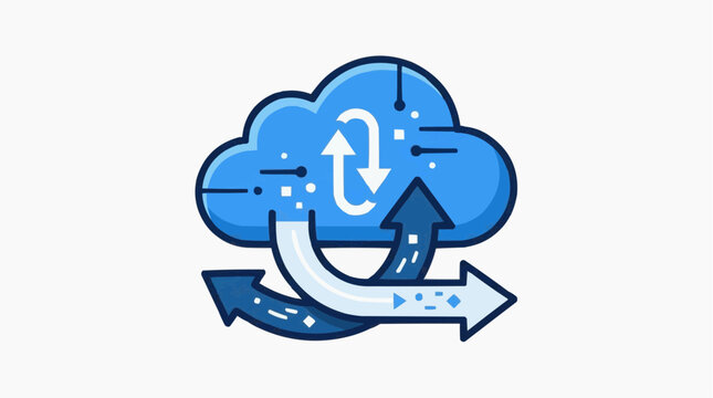 Cloud Computing Data Transfer: An illustration representing cloud computing with arrows indicating data flow and synchronization within a stylized cloud shape.