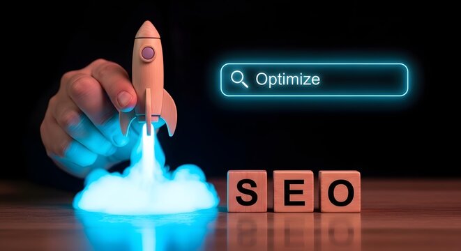 Wooden rocket launching with SEO cubes and optimize search bar