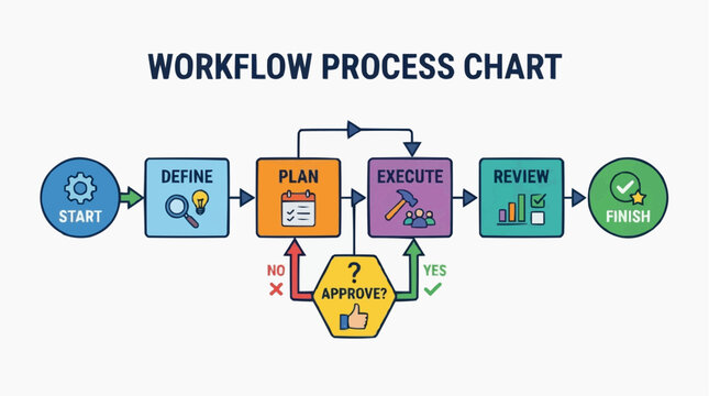 Workflow Process Chart: A clear and concise illustration of a business workflow process chart, detailing steps from start to finish with decision points and actions.
