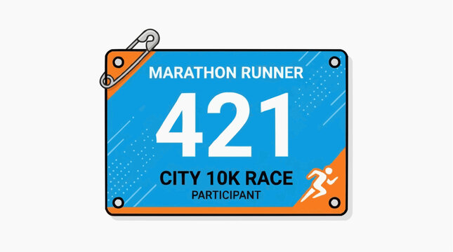 Marathon Runner Bib 421: A vibrant blue and orange bib for the City 10K Race, proudly displays Marathon Runner and Participant with the number 421, fastened by a safety pin.