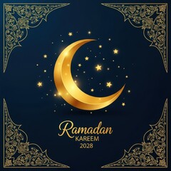 Fototapeta premium Golden crescent moon with stars and arabic calligraphy for ramadan kareem 2023