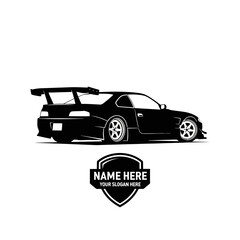 Fototapeta premium A sleek black sports car with a large spoiler is shown in profile on a clean background with a shield logo.