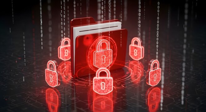 Red digital folder with glowing padlock icons and binary code