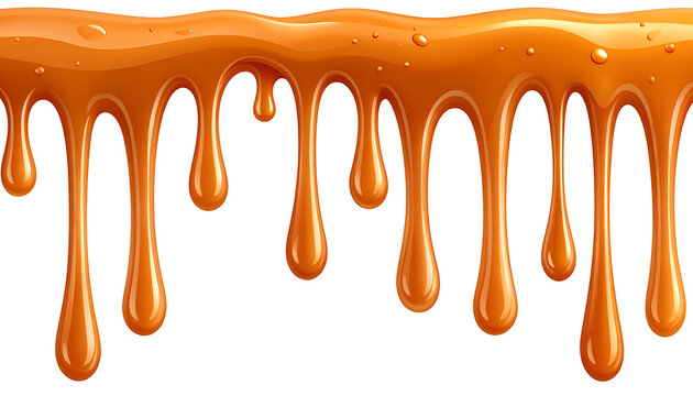 Viscous caramel sauce dripping and melting, forming glossy droplets, sweet dessert topping, food illustration