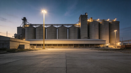 Obraz premium A large grain elevator facility stands illuminated at dusk in an industrial area.