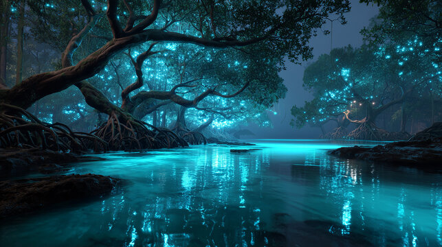 ultra realistic mangrove swamp glowing with bioluminescent algae at night, twisted tree roots reflecting in dark water, cinematic fantasy realism, highly detailed textures, atmospheric lighting.
