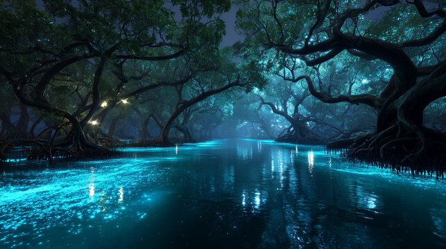 ultra realistic mangrove swamp glowing with bioluminescent algae at night, twisted tree roots reflecting in dark water, cinematic fantasy realism, highly detailed textures, atmospheric lighting.
