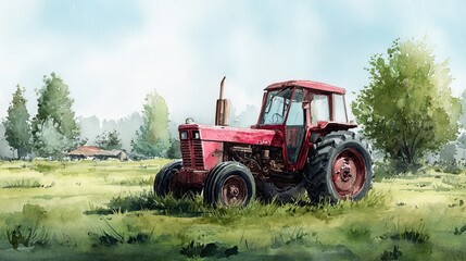 Obraz premium A watercolor painting of a red tractor resting in a green field with trees and a soft, cloudy sky in the background.