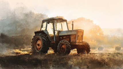 Fototapeta premium A vintage tractor stands in a misty field at sunrise, surrounded by hay bales and warm golden light.