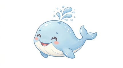 Naklejka premium Cute happy blue whale spraying water cartoon character with character, whimsical