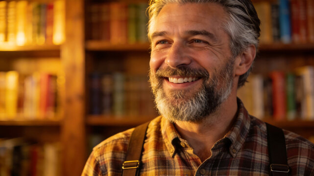Smiling man with beard in front of bookshelf perfect for vlog intros and personal care commercials