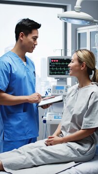 Asian doctor consulting caucasian patient beside monitor, blue scrubs and tablet, patient in gown seated on bed, clinical monitor showing heart rhythm waveform, surgical light overhead,