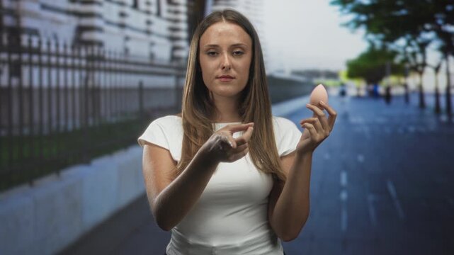Young woman holds makeup sponge and points finger near face on an urban street, wearing white tee and concentrating on applying foundation; self care confidence.