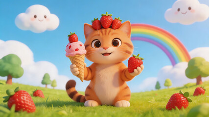 Naklejka premium Cute cat with ice cream and strawberries highlighting environmental conservation and serenity