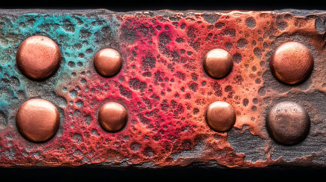 Abstract industrial metal surface with studs and rusty copper and turquoise textures, industrial