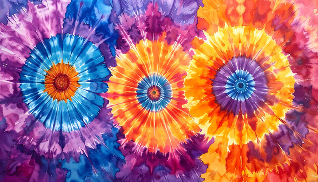 vibrant tie-dye circles in pink purple blue orange yellow, radiating energy, retro style background, abstract watercolor pattern