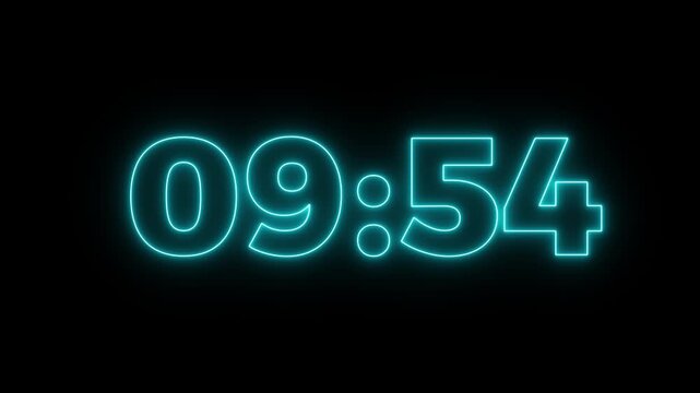 Abstract glowing blue neon 10 minutes to 9 minute countdown. Ten minute to Nine minute countdown timer animation on transparent background with alpha channel. Glowing 4K countdown animation.