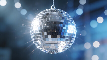 Obraz premium Shiny disco ball hanging with light reflections emphasizing modern aesthetics and minimalist design