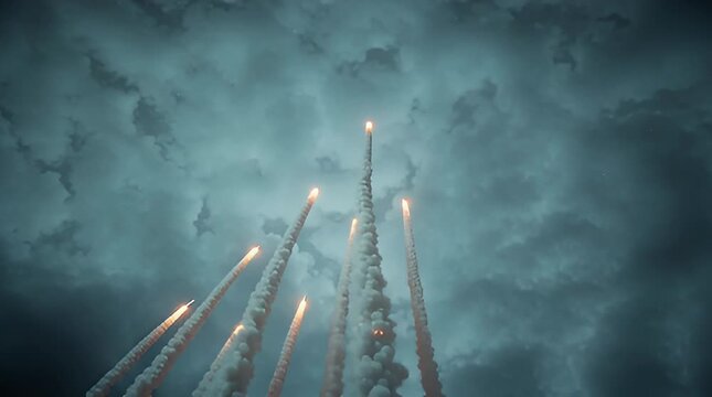 Intense volley of rockets launching skyward through ominous cloudy night