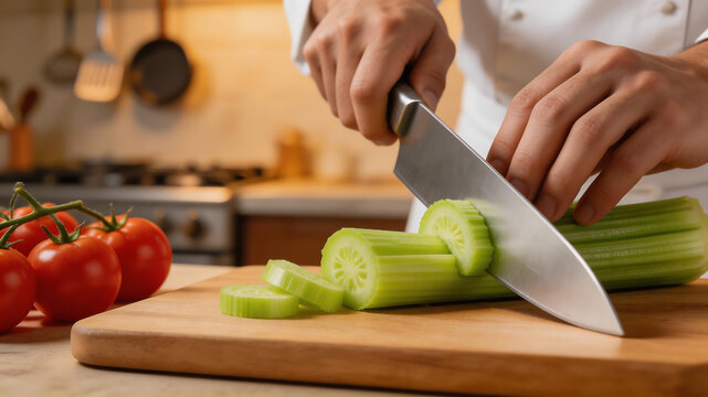Chef slicing celery in kitchen symbolizing healthy eating and gourmet lifestyle