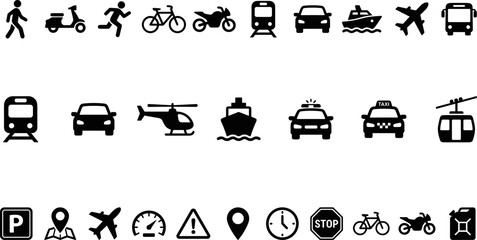 Large collection of transportation icons and traffic symbols featuring various vehicles public transit navigation map pins and pedestrian signs © Bulbuli