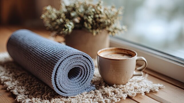 A cozy scene with a rolled yoga mat and a cup of coffee by a window, set on a textured rug with a blurred vase of flowers in the background.