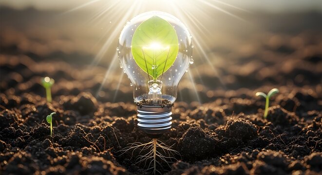 Light bulb with leaf and roots growing from soil