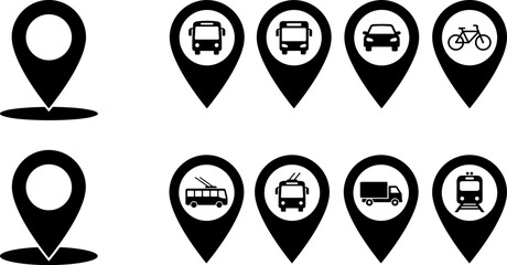 Set of map pin location pointers featuring various transportation icons including bus car bicycle train and delivery truck symbols © Bulbuli
