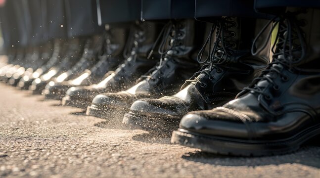 Closeup of military boots in formation showcasing discipline and readiness.