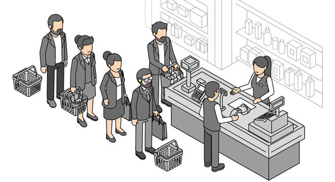 A queue of diverse people waiting patiently in line at a supermarket checkout counter for their turn to pay for groceries