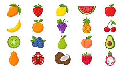 Obraz premium Flat vector fruit icon set, 20 fruits, mango, strawberry, lemon, watermelon, bright colors, isolated white, no people no animals 