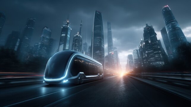 Solar-powered self-driving bus navigating a futuristic cityscape at dusk high-resolution gigapixel scene