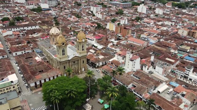 Socorro, Santander - Colombia. April 29, 2026. Panoramic drone view of the town's main church.